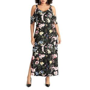 RACHEL Rachel Roy Black Floral Cold Shoulder Ruffled Maxi Dress XXL MSRP $150